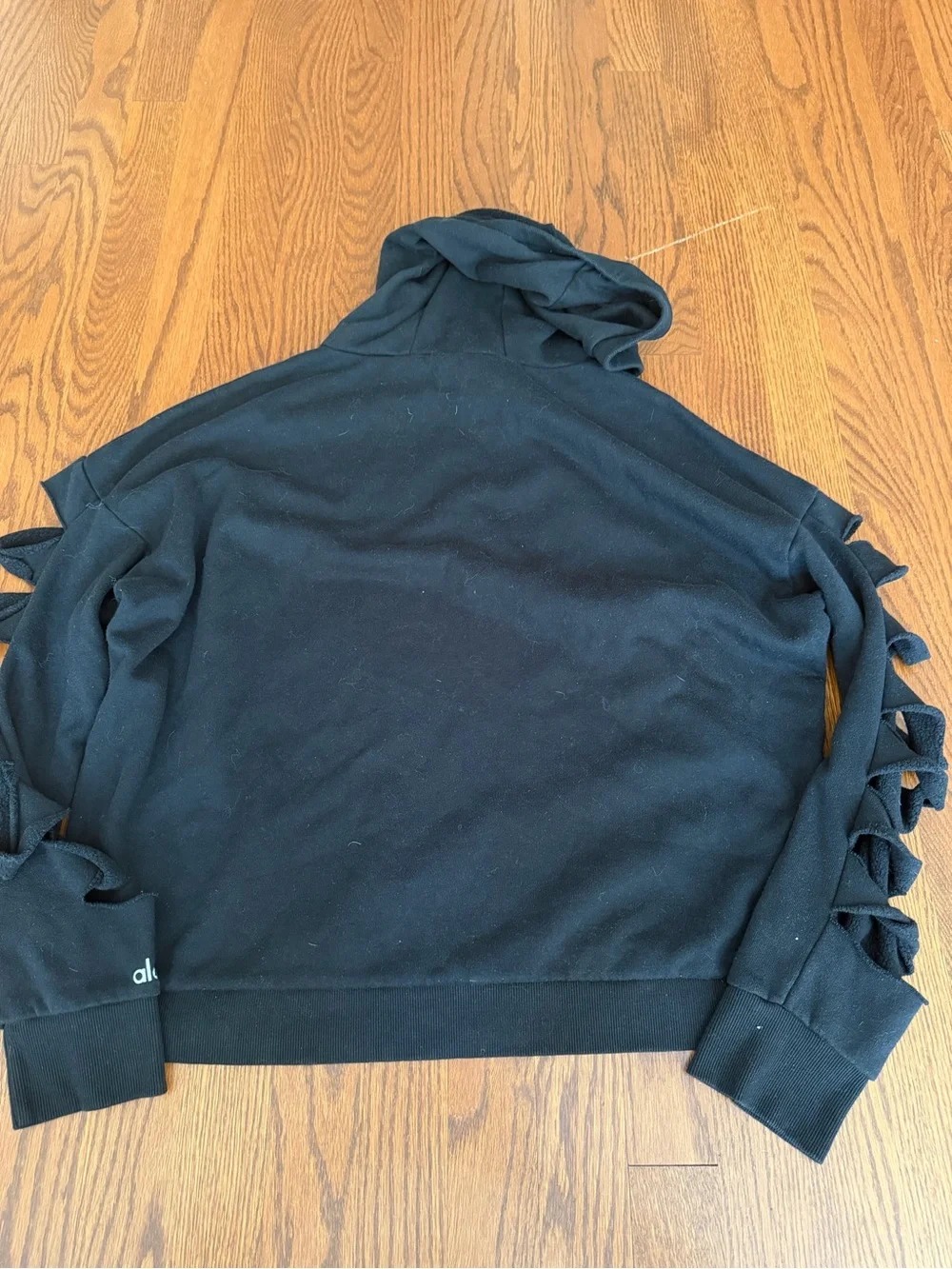 Alo Yoga Black Hooded Sweatshirt with Cut Sleeves Detail Size M
